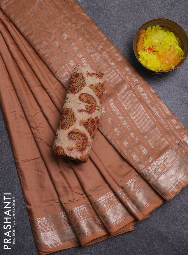 Semi chanderi saree sandal and sandal with plain body and zari woven border