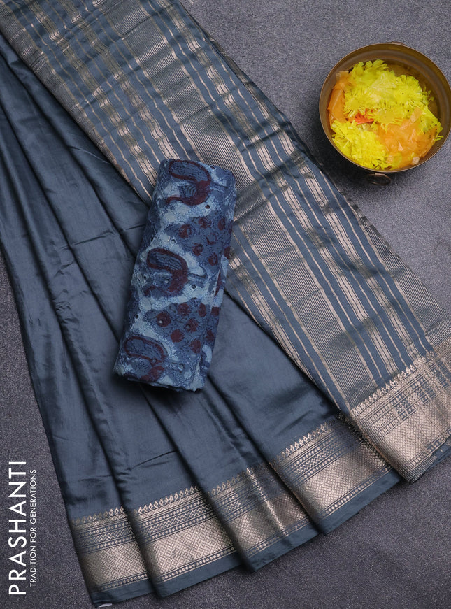 Semi chanderi saree elephant grey and grey with plain body and zari woven border