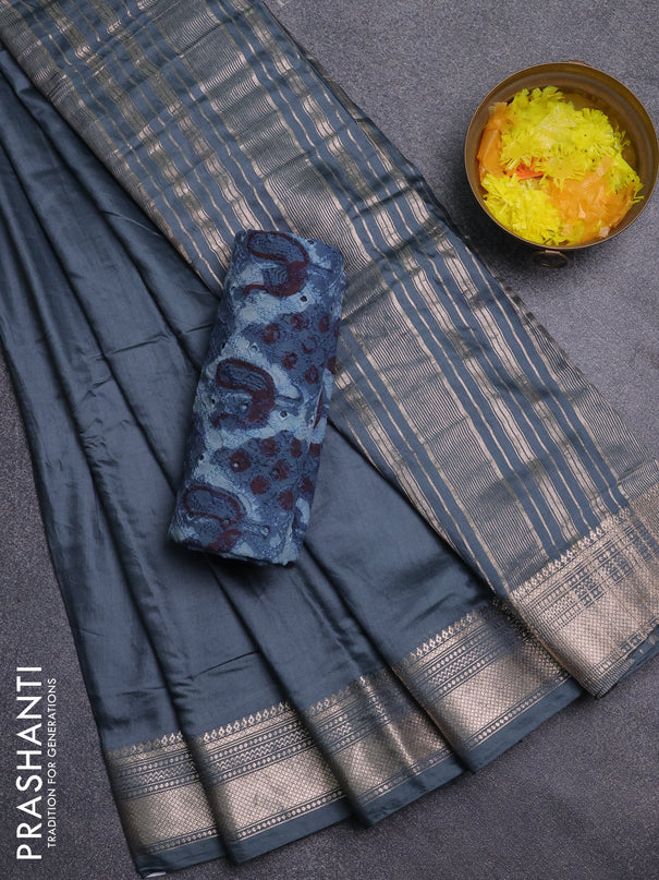 Semi chanderi saree elephant grey and grey with plain body and zari woven border