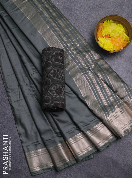 Semi chanderi saree green and light green with plain body and zari woven border