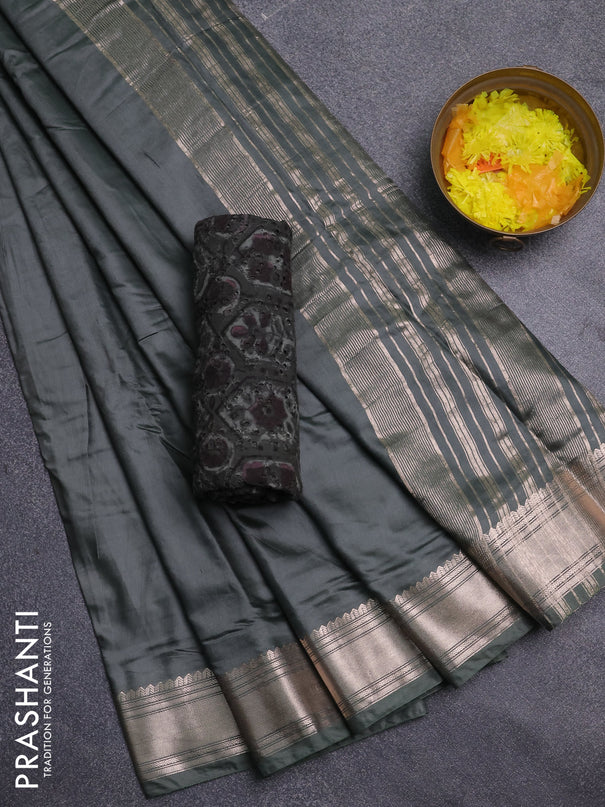 Semi chanderi saree green and light green with plain body and zari woven border
