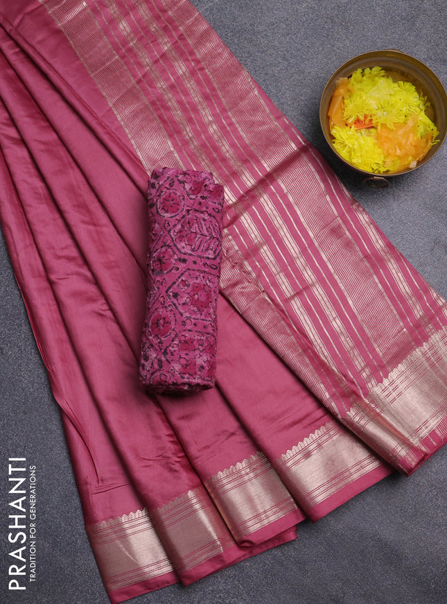 Semi chanderi saree mauve pink and pink with plain body and zari woven border