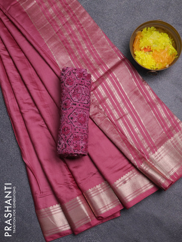 Semi chanderi saree mauve pink and pink with plain body and zari woven border