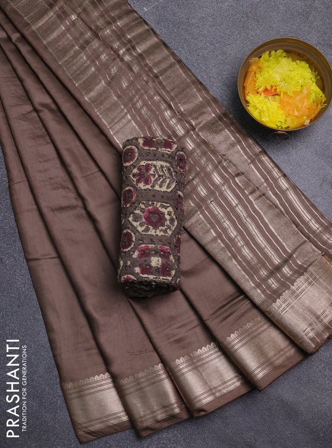Semi chanderi saree brown and brown with plain body and zari woven border