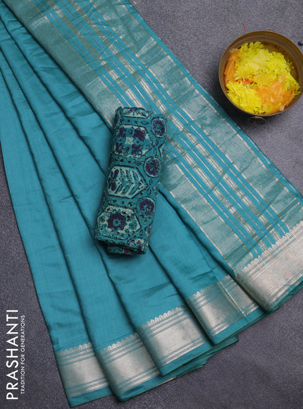 Semi chanderi saree teal blue and blue with plain body and zari woven border
