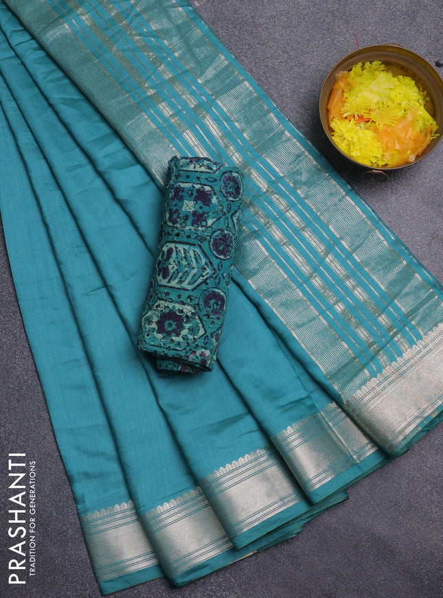 Semi chanderi saree teal blue and blue with plain body and zari woven border