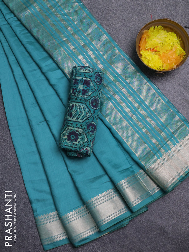 Semi chanderi saree teal blue and blue with plain body and zari woven border