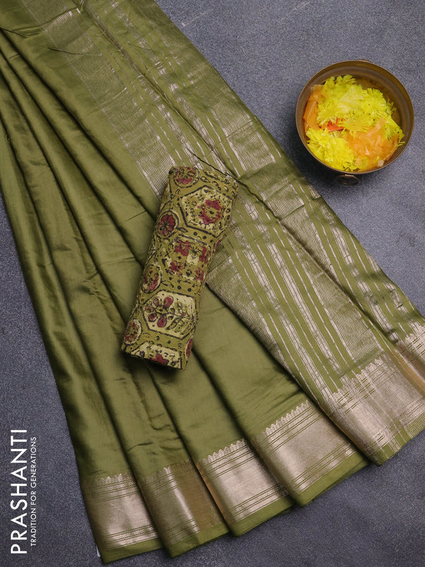 Semi chanderi saree mehendi green and light green with plain body and zari woven border