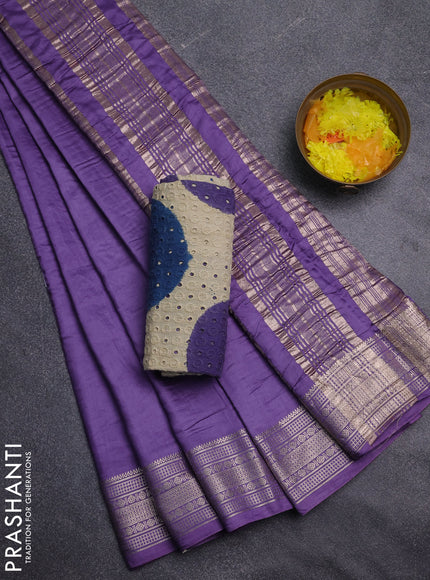 Semi chanderi saree lavender and beige with plain body and zari woven border