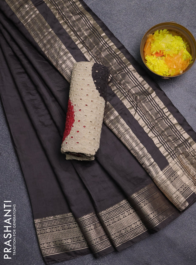 Semi chanderi saree coffee brown and beige with plain body and zari woven border
