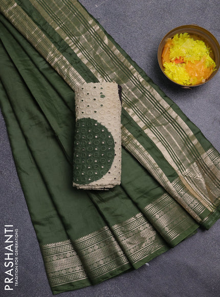 Semi chanderi saree olive green and beige with plain body and zari woven border