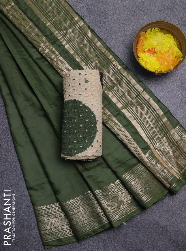 Semi chanderi saree olive green and beige with plain body and zari woven border