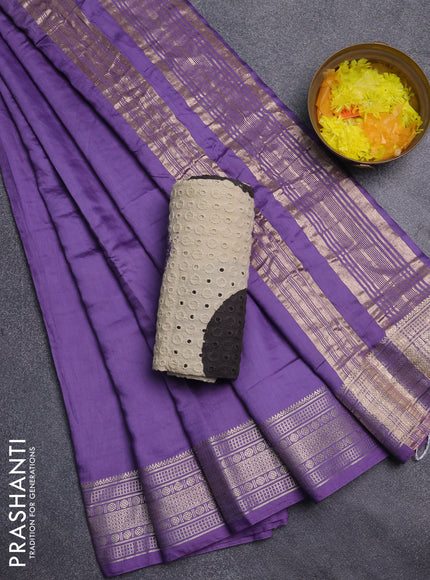 Semi chanderi saree lavender and beige with plain body and zari woven border