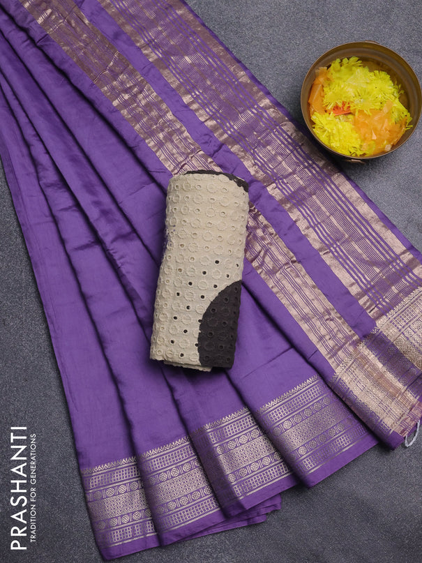 Semi chanderi saree lavender and beige with plain body and zari woven border
