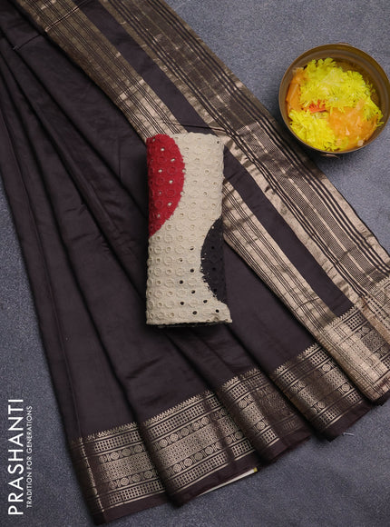 Semi chanderi saree coffee brown and beige with plain body and zari woven border