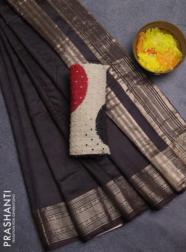 Semi chanderi saree coffee brown and beige with plain body and zari woven border