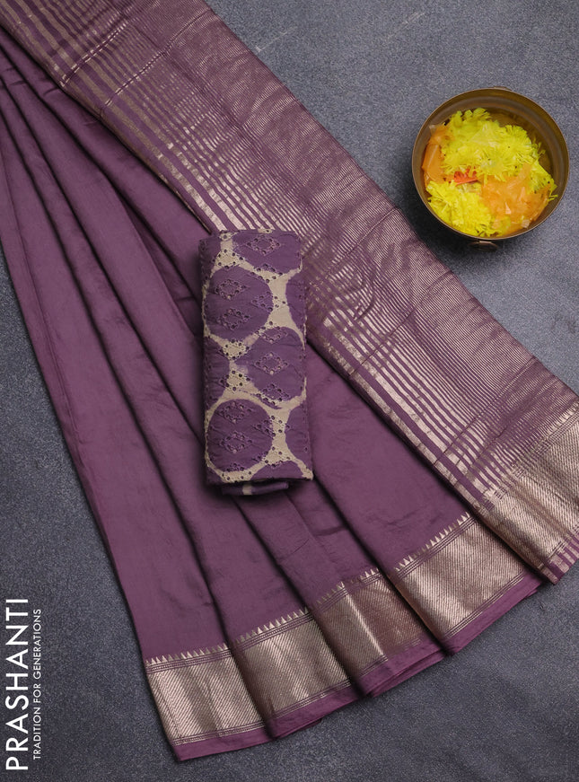 Semi chanderi saree wine shade and beige with plain body and zari woven border