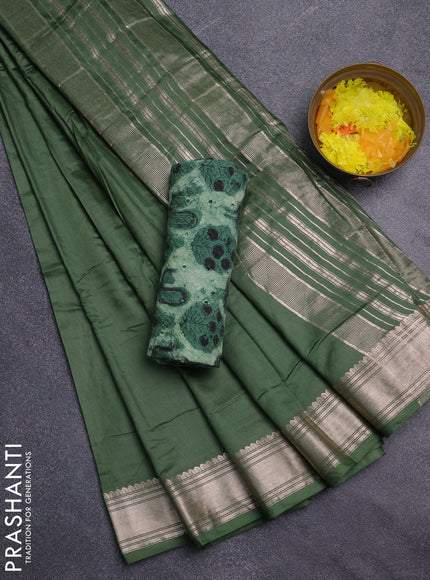 Semi chanderi saree light green and beige with plain body and zari woven border