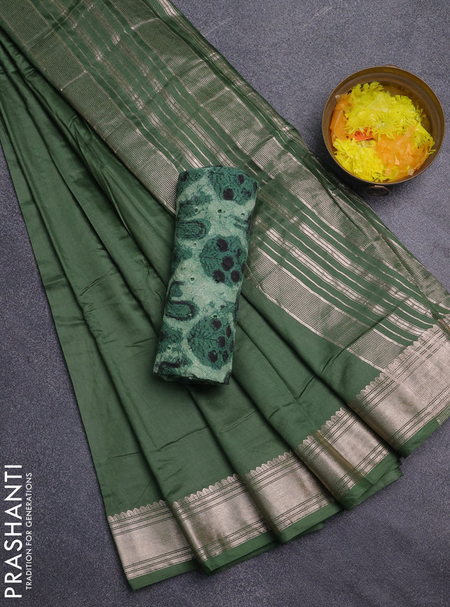 Semi chanderi saree light green and beige with plain body and zari woven border