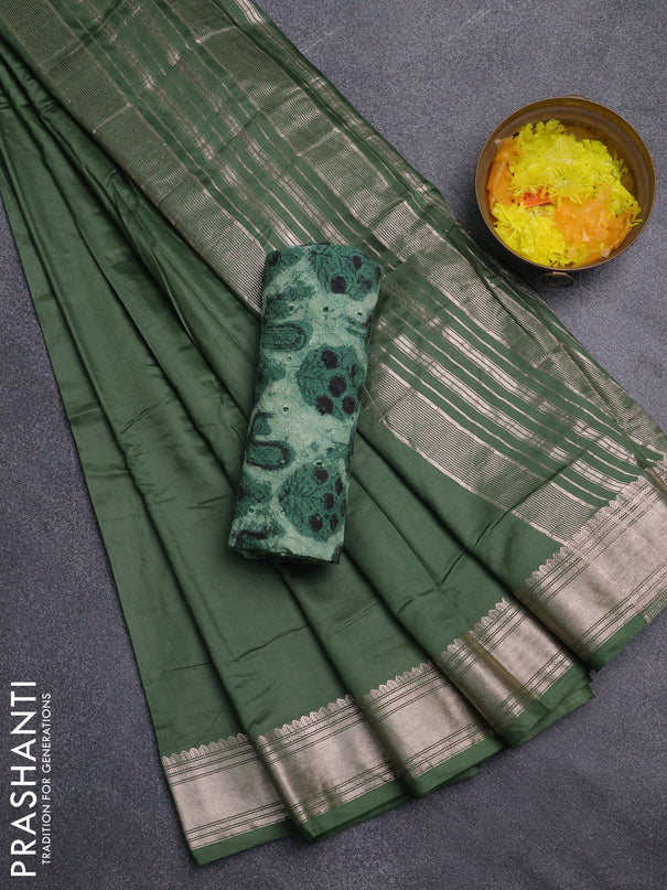Semi chanderi saree light green and beige with plain body and zari woven border