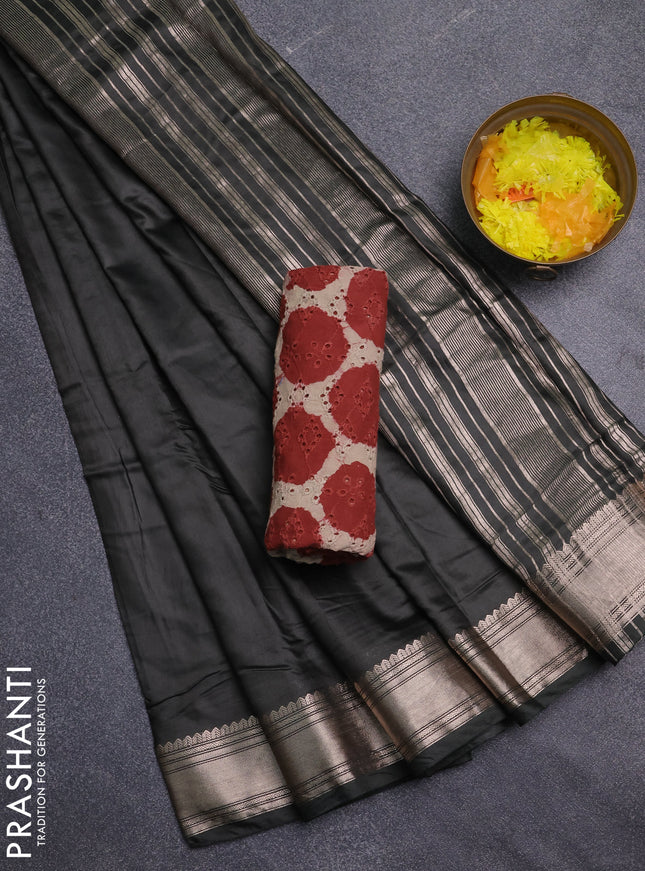 Semi chanderi saree olive green and beige with plain body and zari woven border