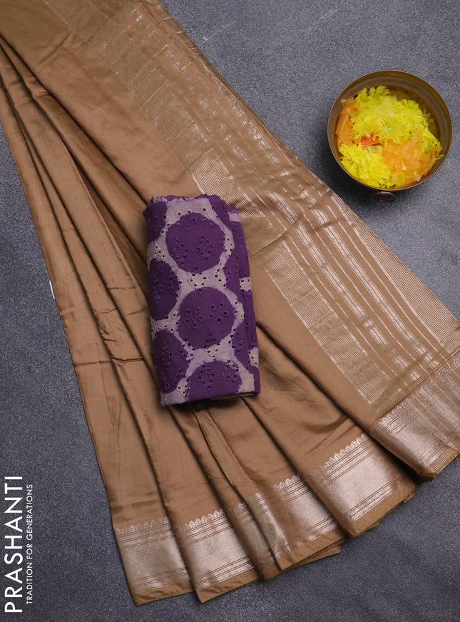 Semi chanderi saree sandal and beige with plain body and zari woven border