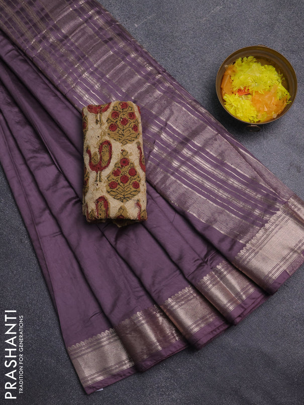 Semi chanderi saree wine shade and beige with plain body and zari woven border