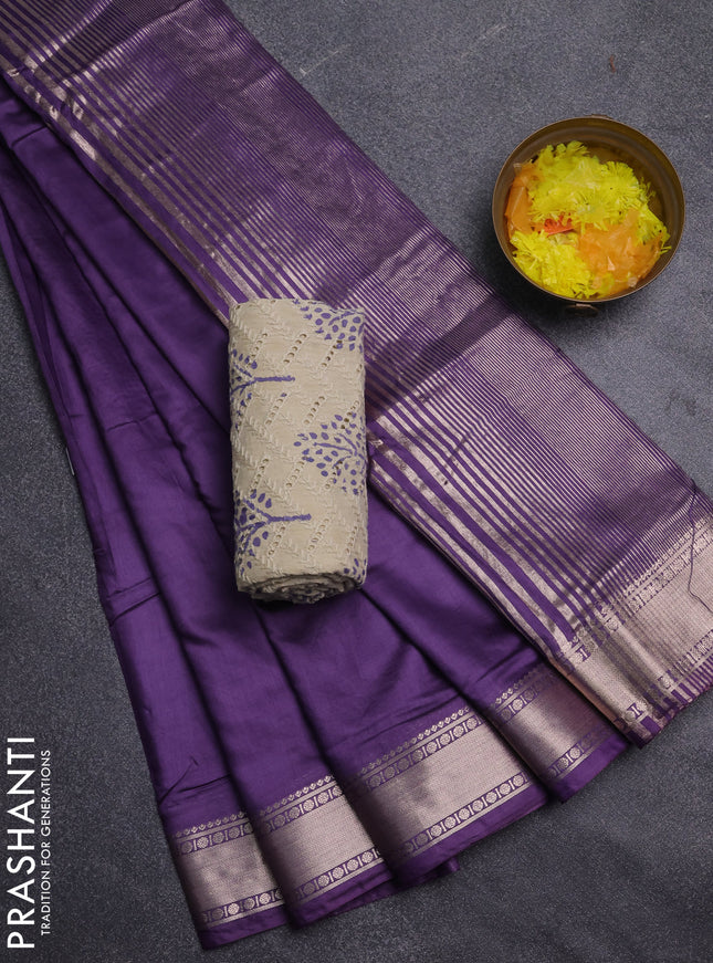 Semi chanderi saree purple and beige with plain body and zari woven border