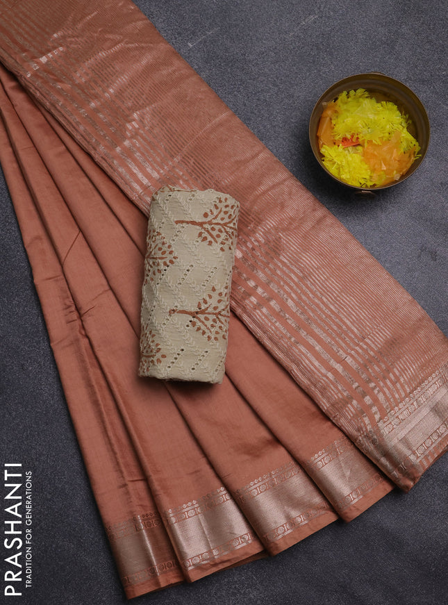 Semi chanderi saree sandal and beige with plain body and zari woven border