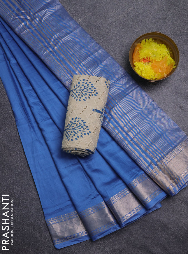 Semi chanderi saree blue and beige with plain body and zari woven border