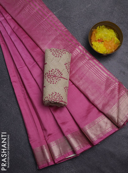Semi chanderi saree pink and beige with plain body and zari woven border