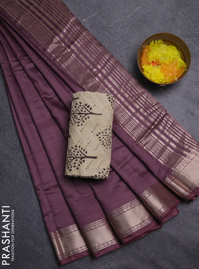Semi chanderi saree wine shade and beige with plain body and zari woven border