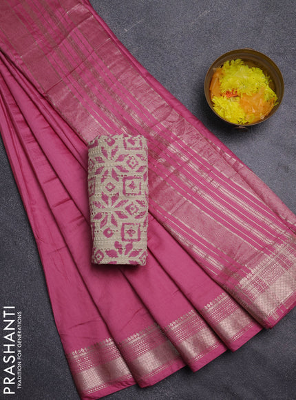 Semi chanderi saree mauve pink with plain body and zari woven border