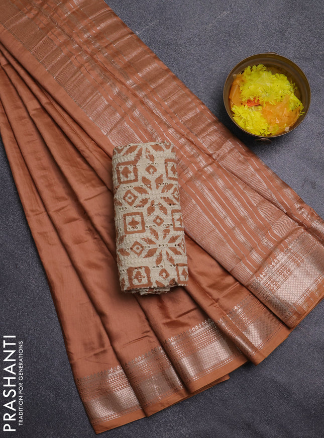 Semi chanderi saree rust shade with plain body and zari woven border
