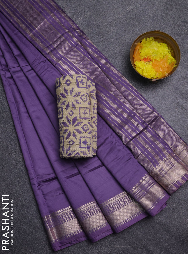 Semi chanderi saree lavender with plain body and zari woven border