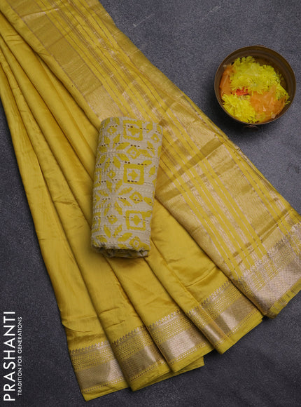 Semi chanderi saree yellow with plain body and zari woven border