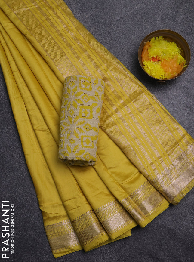 Semi chanderi saree yellow with plain body and zari woven border