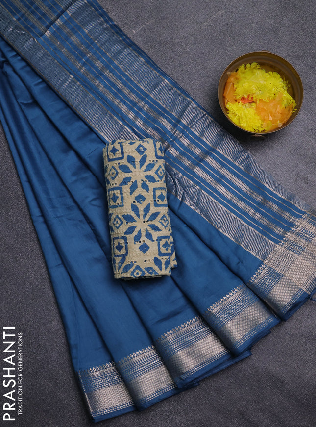 Semi chanderi saree peacock blue with plain body and zari woven border