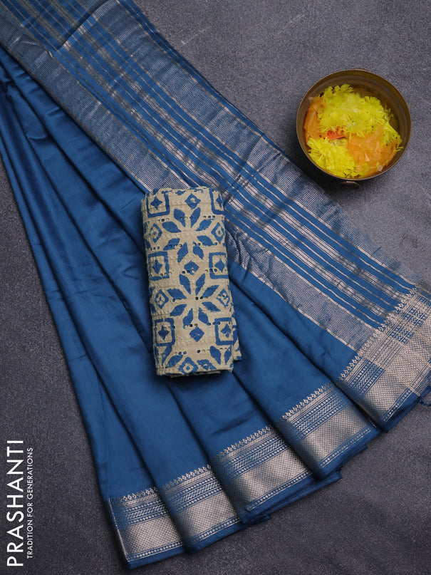 Semi chanderi saree peacock blue with plain body and zari woven border