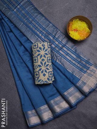 Semi chanderi saree peacock blue with plain body and zari woven border