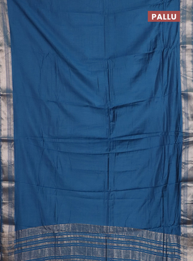 Semi chanderi saree peacock blue with plain body and zari woven border