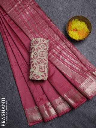 Semi chanderi saree mauve pink with plain body and zari woven border