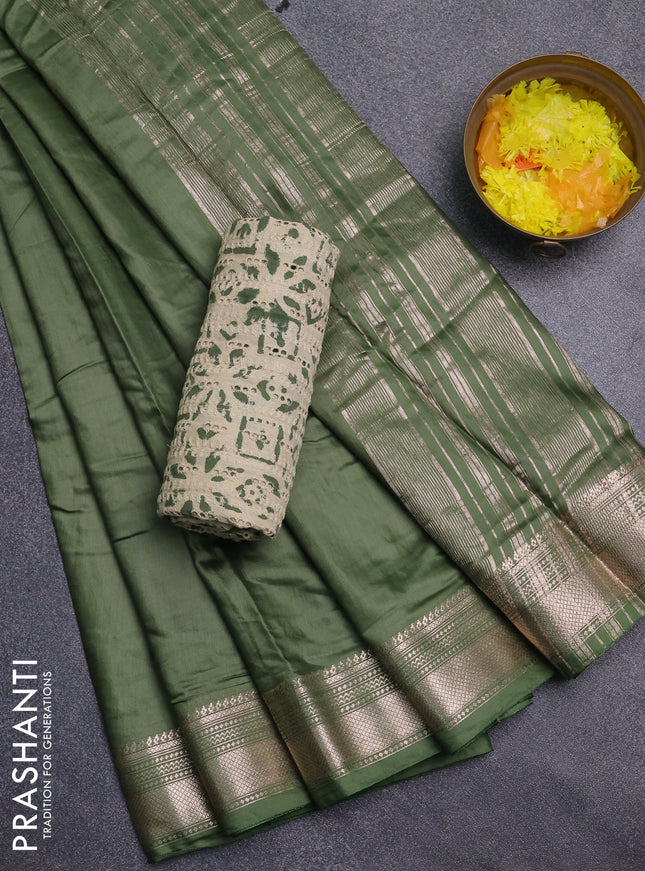 Semi chanderi saree green with plain body and zari woven border