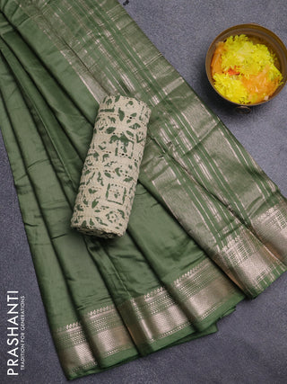Semi chanderi saree green with plain body and zari woven border
