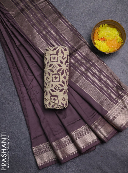 Semi chanderi saree coffee brown with plain body and zari woven border