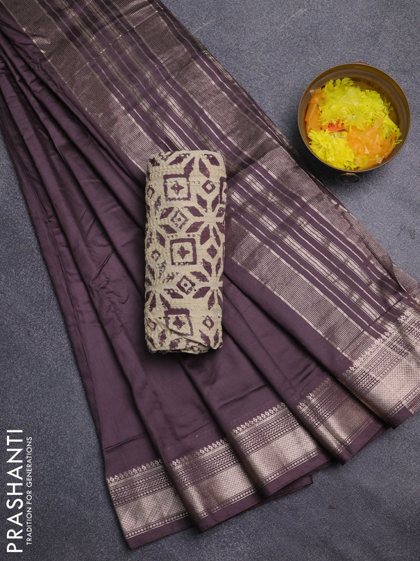 Semi chanderi saree coffee brown with plain body and zari woven border