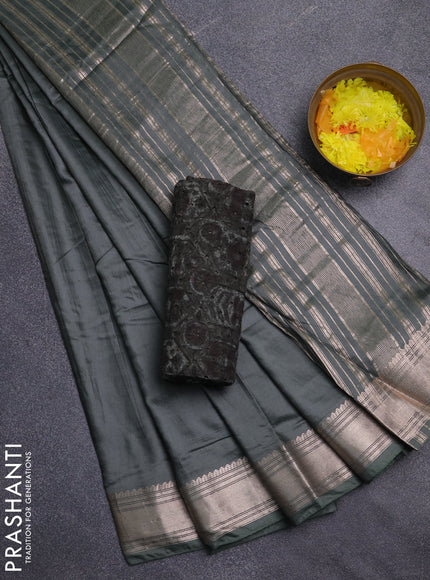 Semi chanderi saree green with plain body and zari woven border