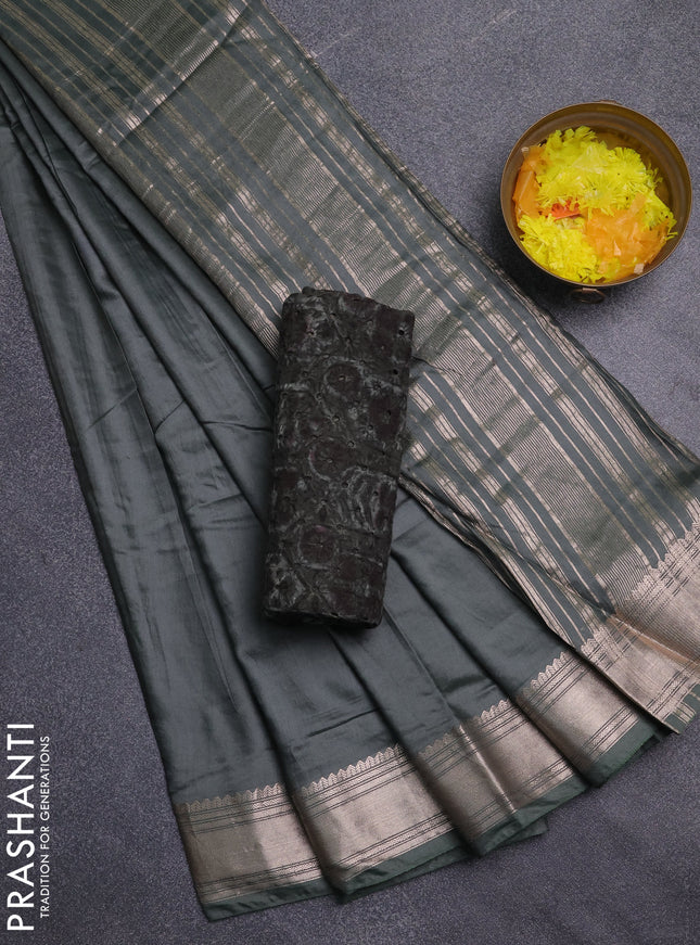 Semi chanderi saree green with plain body and zari woven border
