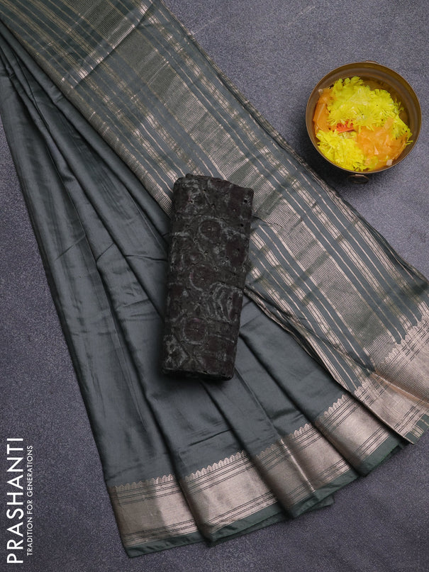 Semi chanderi saree green with plain body and zari woven border