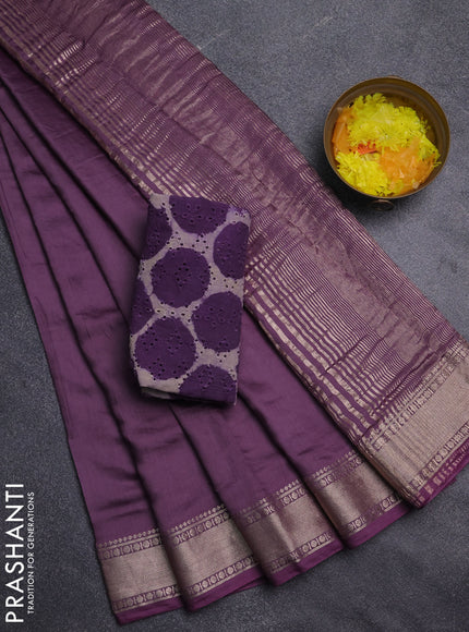 Semi chanderi saree purple with plain body and zari woven border